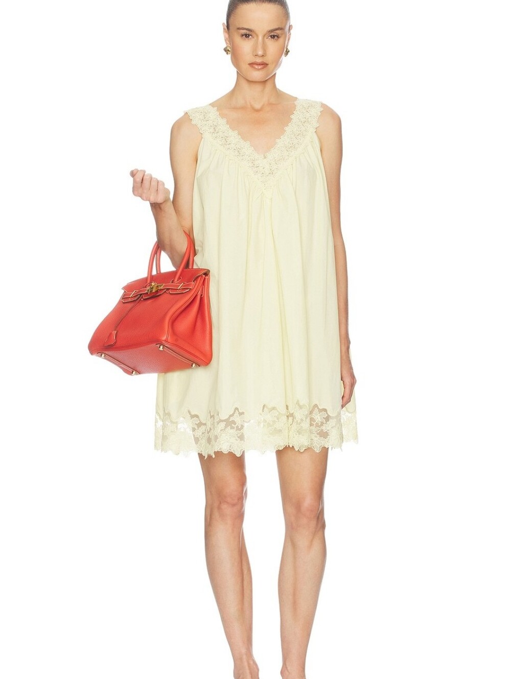 Helsa MMini Dress With Lace in Tech Poplin in Yellow With Yellow Lace